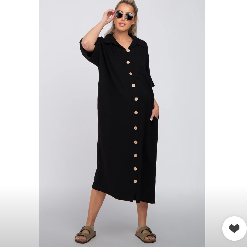 Black Oversized Button Down Maternity Midi Dress pink blush maternity worn twice